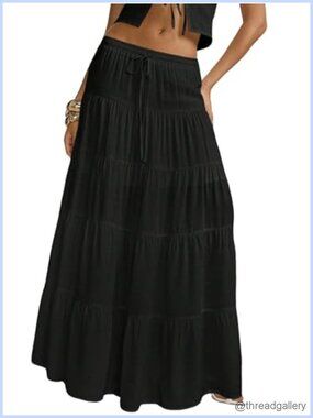 Boho Maxi Skirt Ruffle Tiered Flowy Low Rise A-Line Beach Long Skirts